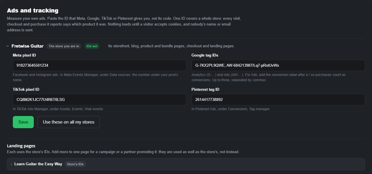 Ads and tracking in Marketing: a store's Meta, Google, TikTok and Pinterest IDs, used by its landing pages too