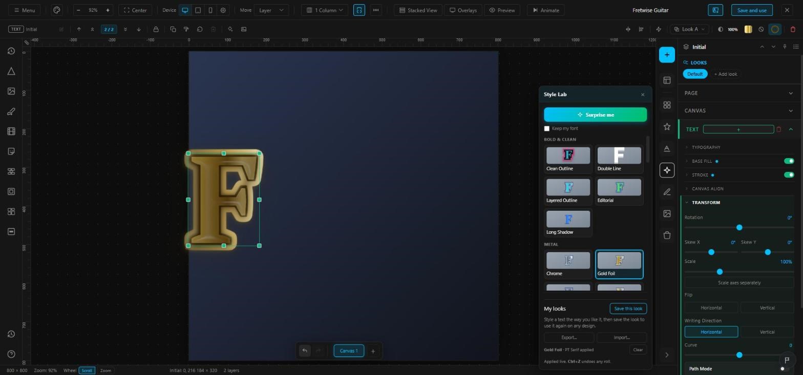 Design its logo in Merlin, the design studio built in. This one is Gold Foil, from the Style Lab.